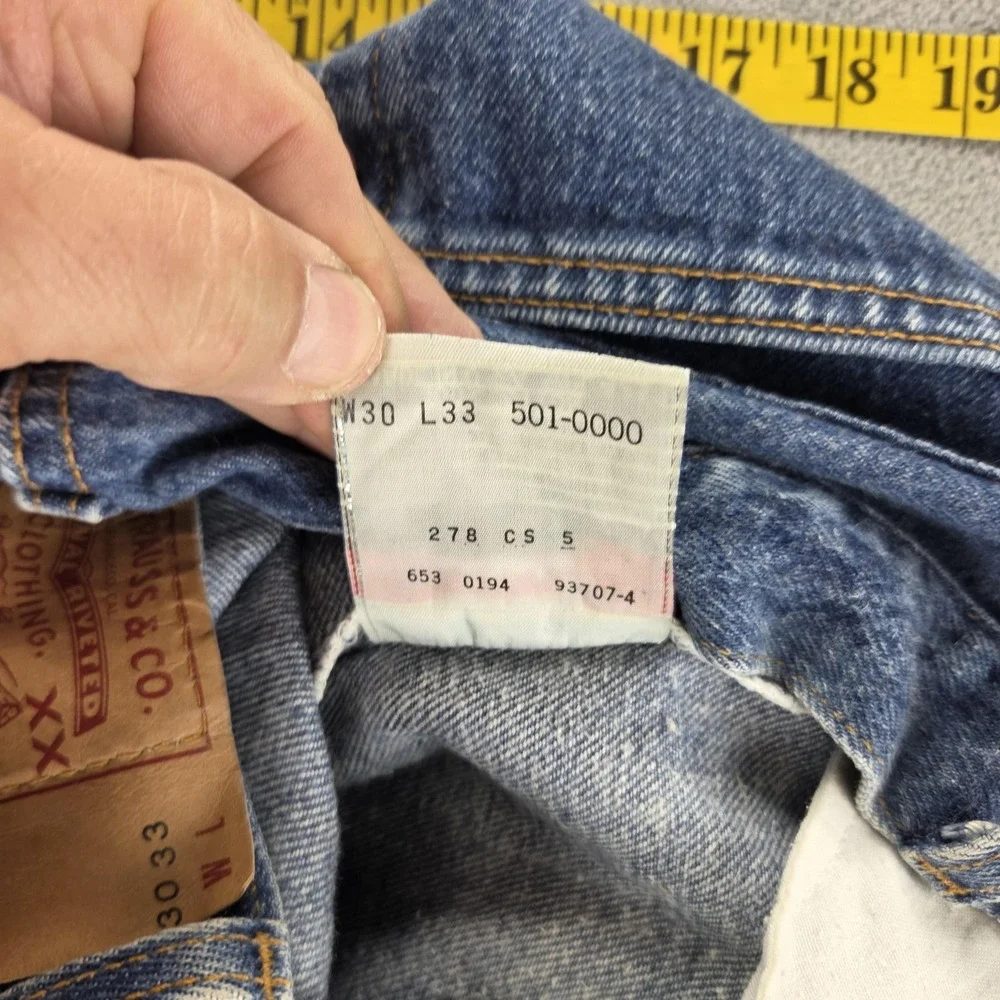 Vintage Levis 501 Jeans Mens Blue Button Fly Made in USA Altered Hem Fits 28x28